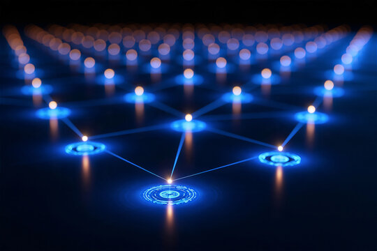 Enterprise AI agent fleet represented as glowing drone nodes flying in sync. AI gen
