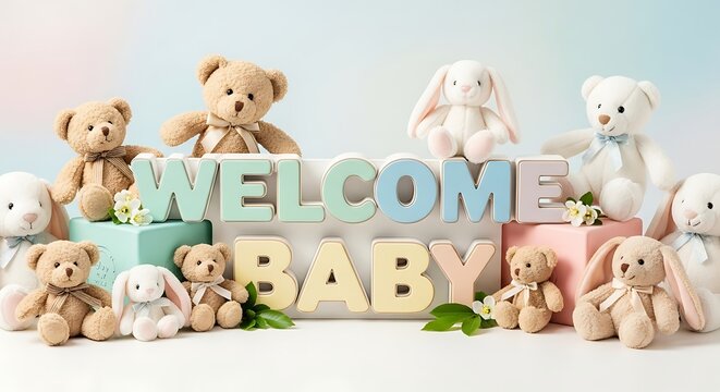 Welcome Baby Illustration with Teddy Bears and Bunnies