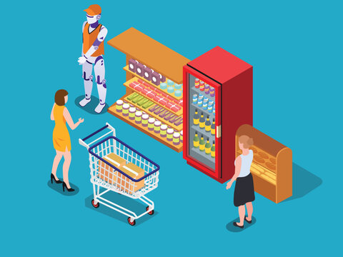 3Futuristic Robot Assistant Helping Customers in Isometric Supermarket Store d isometric vector illustration