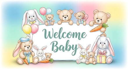 Fototapeta premium Welcome Baby Illustration with Teddy Bears and Bunnies