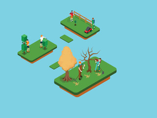 Fototapeta premium Gardening and Lawn Care Service 3d isometric vector illustration