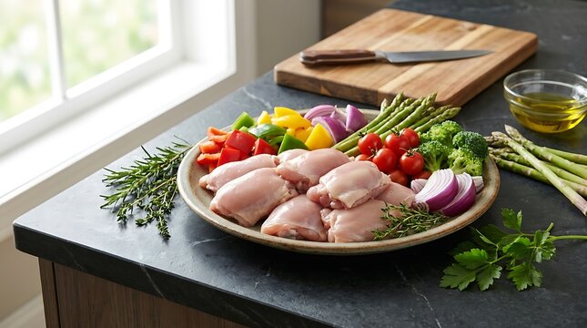 Raw chicken thighs with fresh vegetables on a plate ready for cooking in a kitchen. boneless chicken thigh