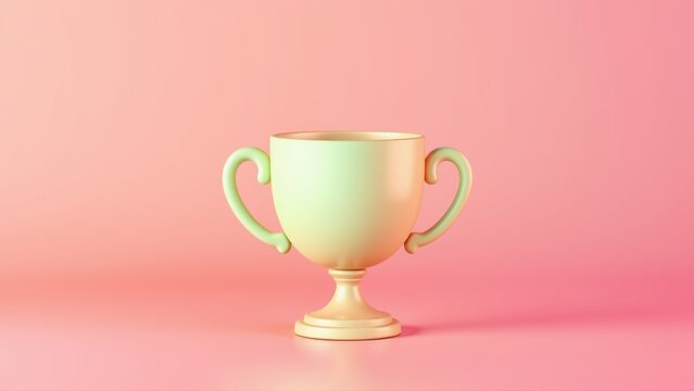 Pale trophy stands against soft pink gradient backdrop. Minimalist design, simple form, elegant presentation. Focus on achievement, success.
