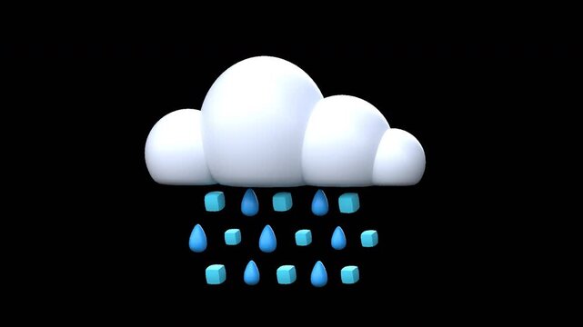 A 3D stylized white cloud raining blue droplets and hail cubes in a seamless loop with a transparent background for weather forecast overlays.