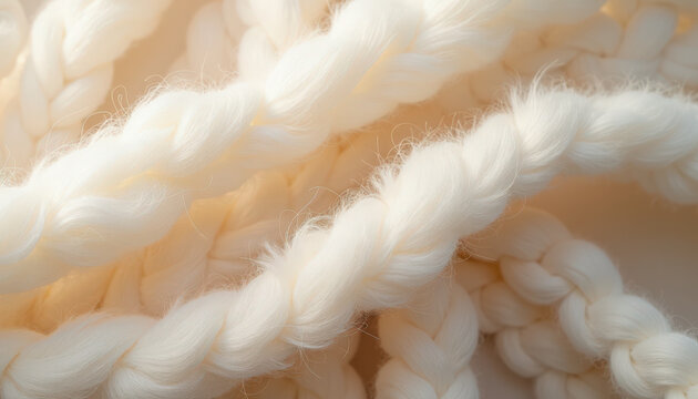 White braided ropes with soft texture and delicate appearance, featuring intricate twists and interconnections.