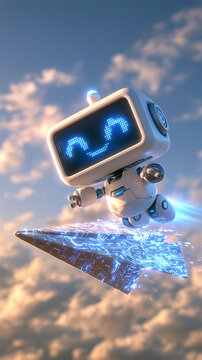 Chibi robot mascot riding a paper airplane made of glowing circuit lines. AI gen