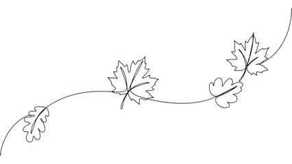 Continuous one line drawing of falling autumn leaves vine horizontal banner minimalist botanical vector illustration isolated on white background. © ADEL SMITH
