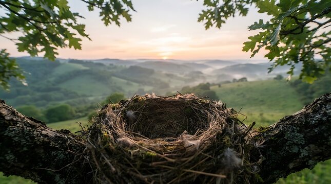 Empty bird nest resting on a tree branch overlooking a misty valley at sunrise