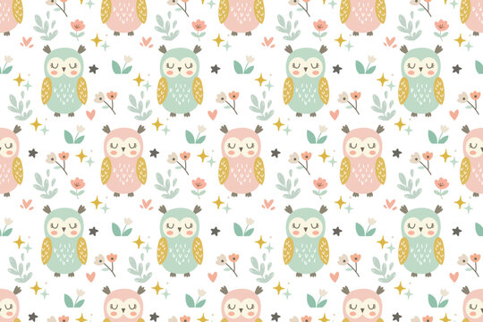 Cute seamless pattern featuring adorable sleeping owls surrounded by pastel flowers, leaves, and stars.Ideal vector background for nursery decor, baby shower design, kids apparel, and wrapping paper.