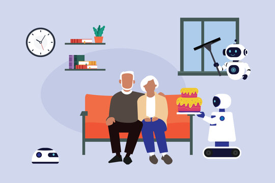 AI Robot Assistants Helping Senior Elderly Couple celebrate Birthday at Home 2d flat vector illustration