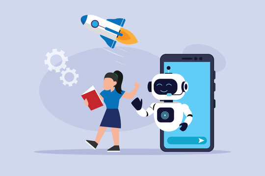 AI Mobile Assistant Robot Helping Businesswoman Launch Startup 2d flat vector illustration