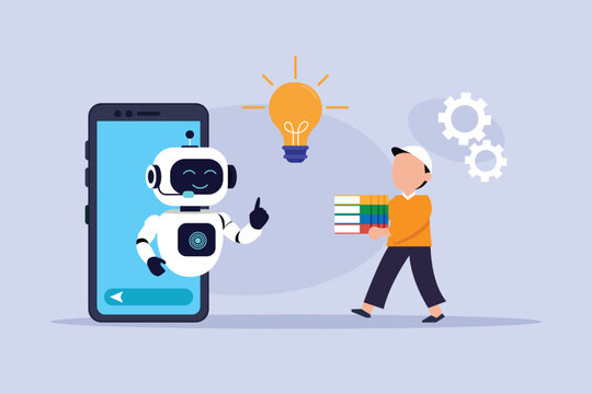 AI Mobile Assistant Robot Guiding Man with Documents and Creative Idea Concept 2d flat vector illustration