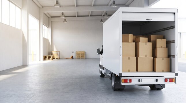 White delivery truck loaded with cardboard boxes inside a bright warehouse, ready for distribution