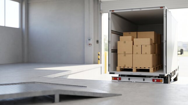 Cardboard boxes loaded onto a pallet at a loading dock, ready for transport