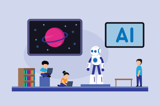 AI Robotics Science Classroom with Students Learning Technology and Astronomy 2d flat vector illustration