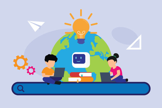 Global AI Online Education with Students Learning on Laptops 2d flat vector illustration