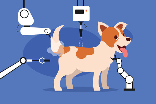 Automated robotic pet grooming machine washing and drying a dog concept 2d flat vector illustration