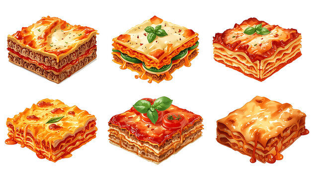 Several watercolor-style illustrations of lasagna with a transparent background.