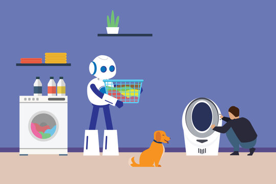 Smart home AI robot doing laundry and man repairing automatic litter box concept 2d flat vector illustration