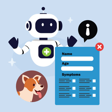 AI Veterinary Assistant Robot Helping Diagnose Dog Symptoms and Pet Health Record 2d flat vector illustration