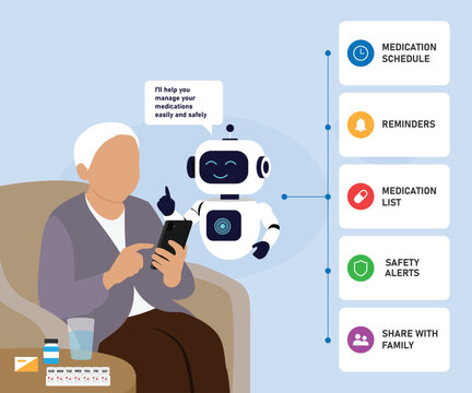 AI Healthcare Assistant Helping Senior Man Manage Medication Schedule and Health Reminders 2d flat vector illustration