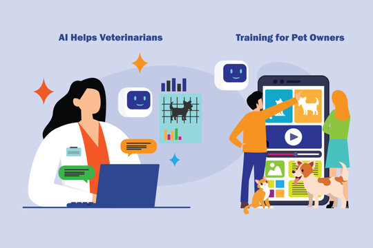 AI Technology in Veterinary Medicine and Online Pet Owner Training 2d flat vector illustration