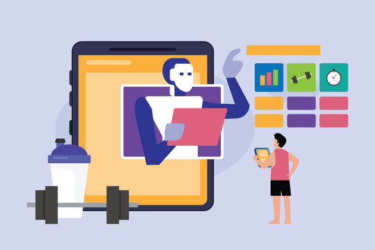 AI Fitness Coach Tablet for Online Workout Trainer and Personal Health Tracking App 2d flat vector illustration