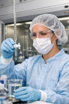 Young female scientist meticulously performing a precise titration eksperiment in a sterile laboratory environment, wearing personal protective equipment for safety and accuracy