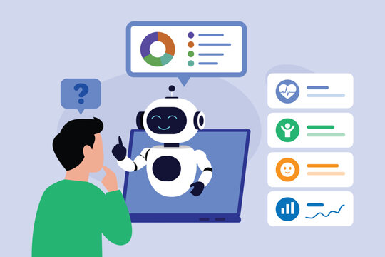 AI Healthcare Chatbot Laptop for Online Medical Consultation and Health Data Analytics 2d flat vector illustration