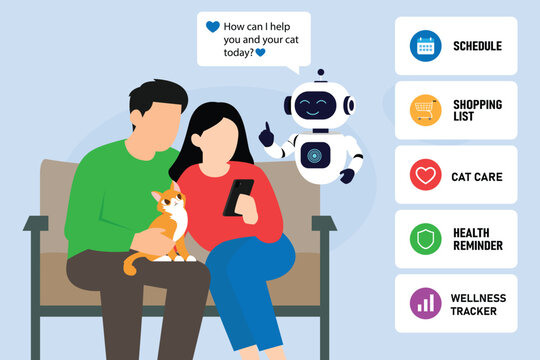  AI Smart Pet Care Assistant for Cat Care, Household Schedule, and Health Tracking 2d flat vector illustration