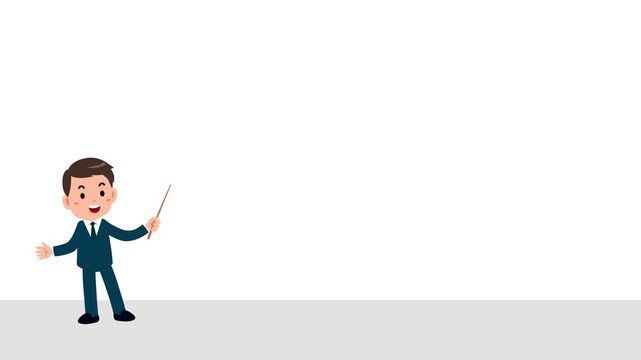 Animated flat vector businessman character presenting and gesturing with a pointer stick