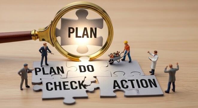 Plan Do Check Action concept with magnifying glass and workers.