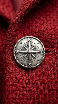 Metal compass rose button on red wool tweed textile symbolizing guidance and navigation