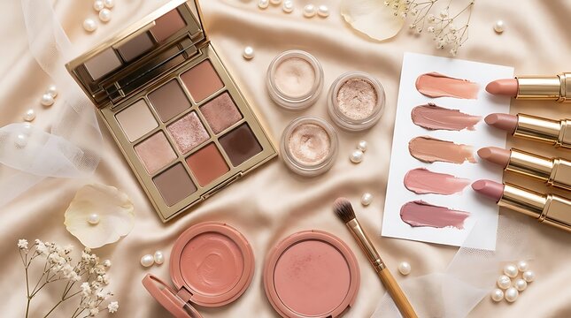 Set of makeup cosmetics including eyeshadow palette lipstick and brushes on a light table. bridal makeup guide