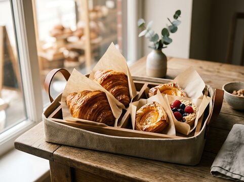 Fresh croissants and fruit pastries in a metal tray on a wooden table for breakfast. pastry delivery wraps