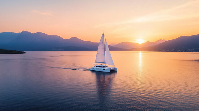 A sailboat moves through smooth waters during sunset. The sky displays shades of orange and pink as mountains rise in the distance. The atmosphere feels open and expansive.
