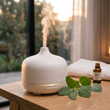 Ceramic essential oil diffuser emitting mist with essential oil bottle and eucalyptus leaves