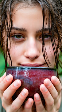 Young Woman Drinking Tea from Handmade Ceramic Bowl in Green Forest
