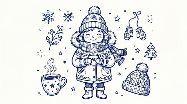Winter girl doodle illustration set. Featuring snowflakes mittens knitted hat hot coffee cup and pine tree. Blue ink sketch design elements for seasonal holiday greeting cards and crafts