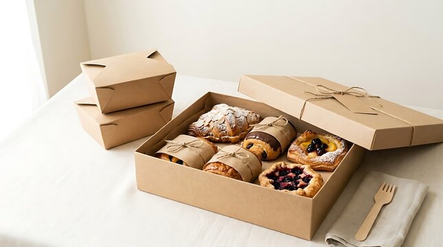 Assorted sweet pastries and danishes in a cardboard gift box for takeaway. pastry delivery wraps
