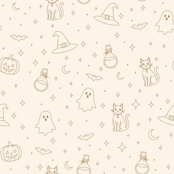Animated Cute Halloween Brown Outline Seamless Pattern with Pumpkin Ghost Black Cat Bat Witch Hat and Potion Bottle on Cream Background, Diagonal Scrolling Motion