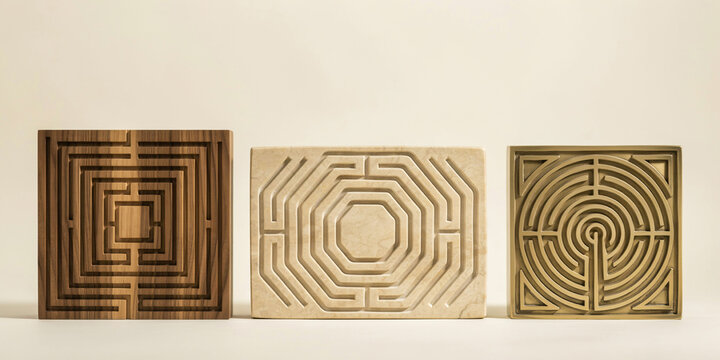 Three square wooden and stone decorative panels with maze patterns on a light background