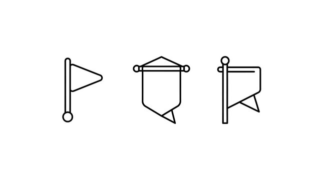 Three minimalist line art flag and pennant vector icons on white background