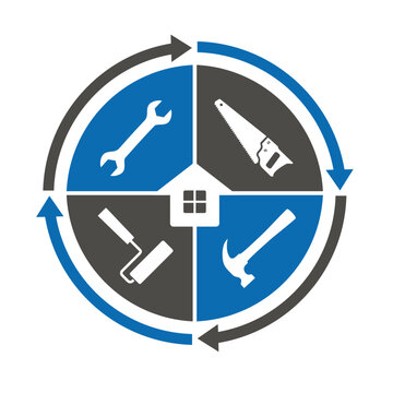 Tools for home repair with stylized logo house with tools, also with wifi signal bar for modern technology construction maintenance and renovation handyman with hardware.