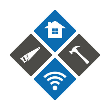 Tools for home repair with stylized logo house with tools, also with wifi signal bar for modern technology construction maintenance and renovation handyman with hardware.
