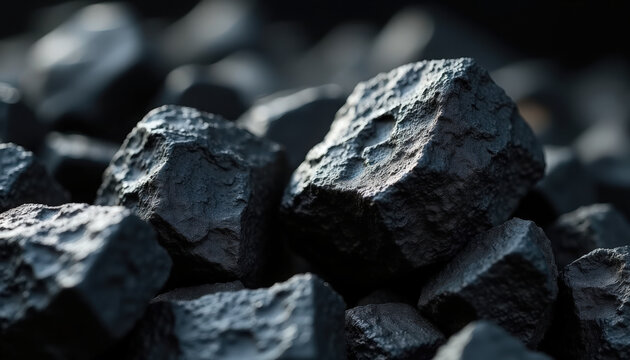 Close-up of black coal pieces showcasing texture and detail. Black coal arranged in natural formation highlights various shapes. Concept of heavy industry and energy production involving coal.