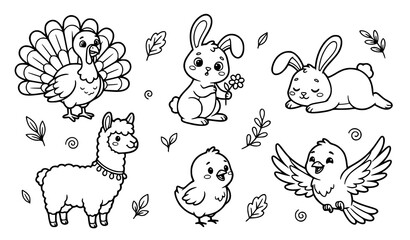 Fototapeta premium Farm Animals Outline Coloring Book Page for Kids With Cute Turkey Bunny Llama