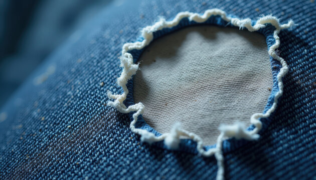 Denim fabric with frayed hole showing inner patch and surrounding threads, detailed examination of textile repair showcasing texture and craftsmanship. Concept of clothing repair and upcycling.