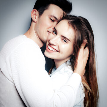 Love. Young couple hugs, have fun and vibing together , polaroid film style. Togetherness, family, relationship