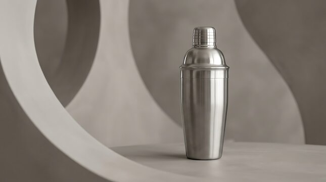 Shiny metal cocktail shaker standing on a smooth grey surface with abstract geometric shapes. cocktail shaker mockup